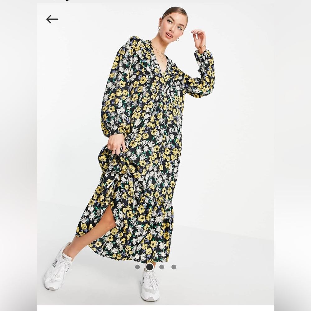 Mango Long Sleeve Floral Dress with Yellow and White Accents